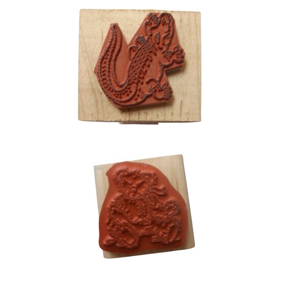 1990s Wood Mounted Rubber Stamps Set 4 Frog Dragonfly Bear Alligator Frog - Picture 3 of 4